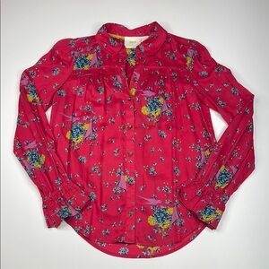 Anthropologie Maeve Fredericka Birds Floral Long Sleeve Ruffled Buttondown Sz 0